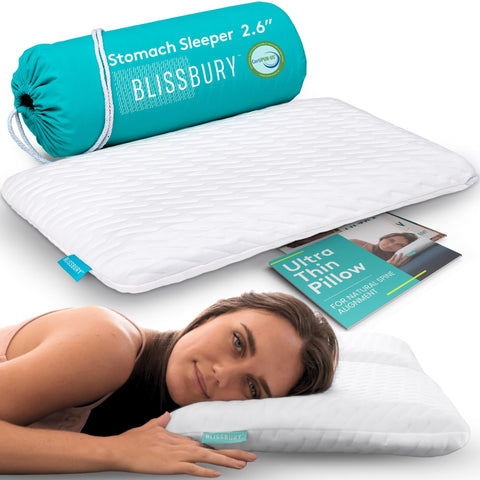 BLISSBURY stomach sleeping pillow shows flat profile for belly sleepers