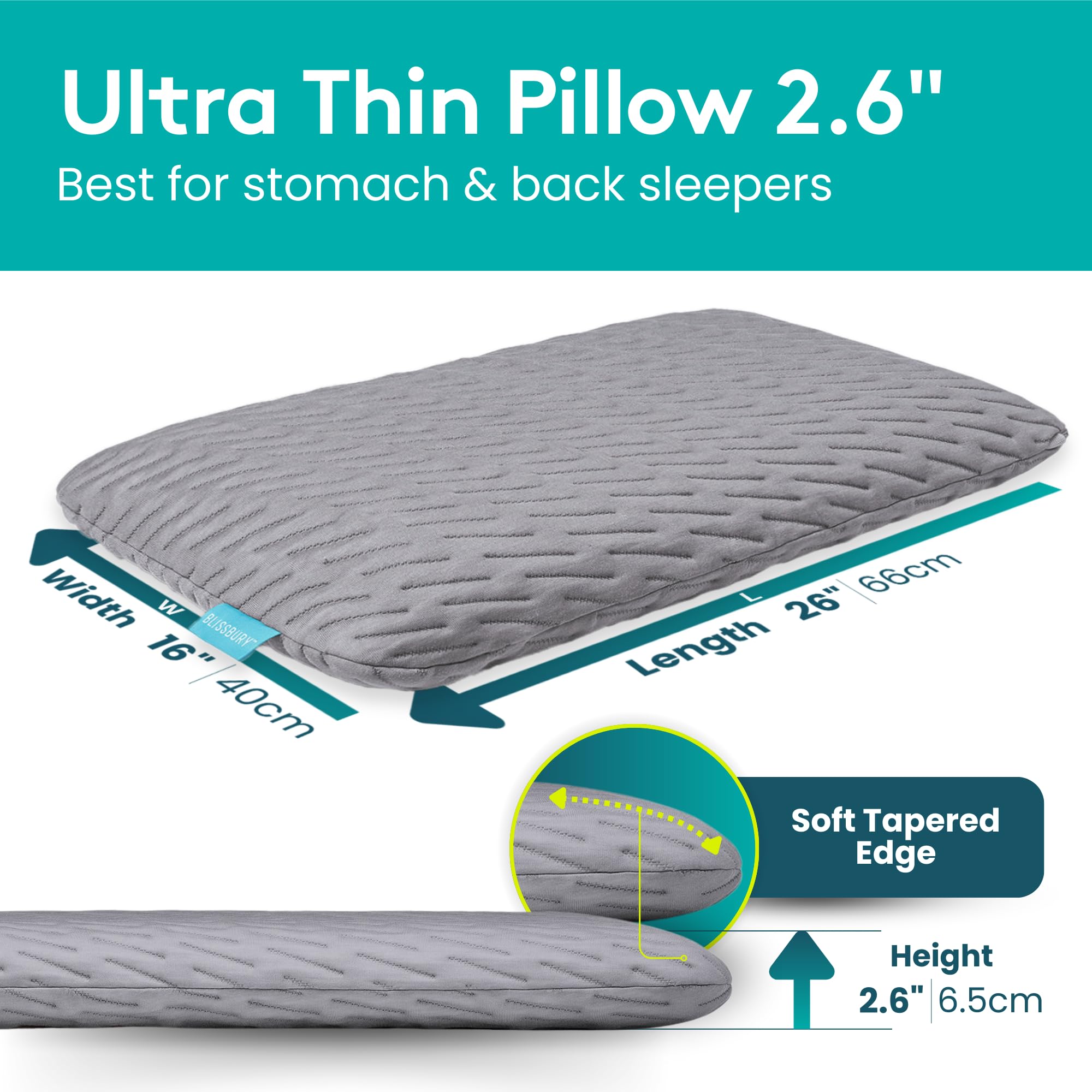 BLISSBURY ultra-thin pillow on bed showing compact design for stomach sleepers