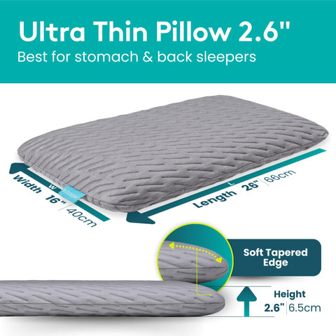 BLISSBURY ultra-thin pillow on bed showing compact design for stomach sleepers