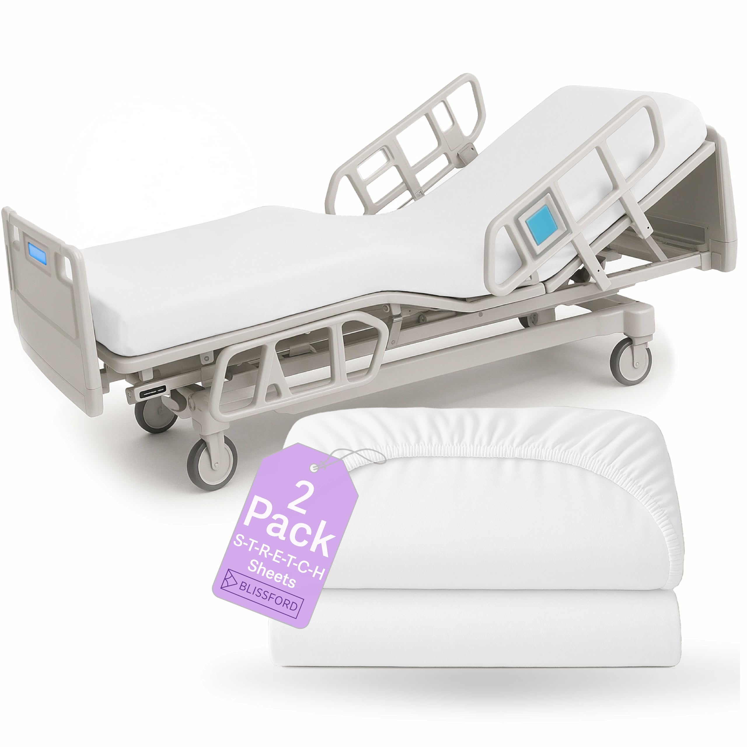 BLISSFORD 2-pack fitted hospital bed sheets with elastic all around for secure fit
