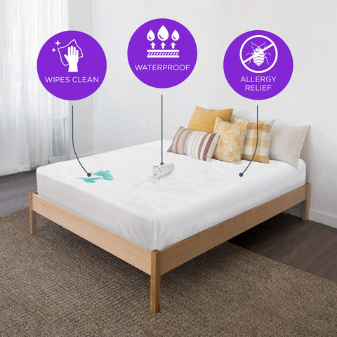 BLISSFORD fitted vinyl cover on mattress showing snug, secure fit.