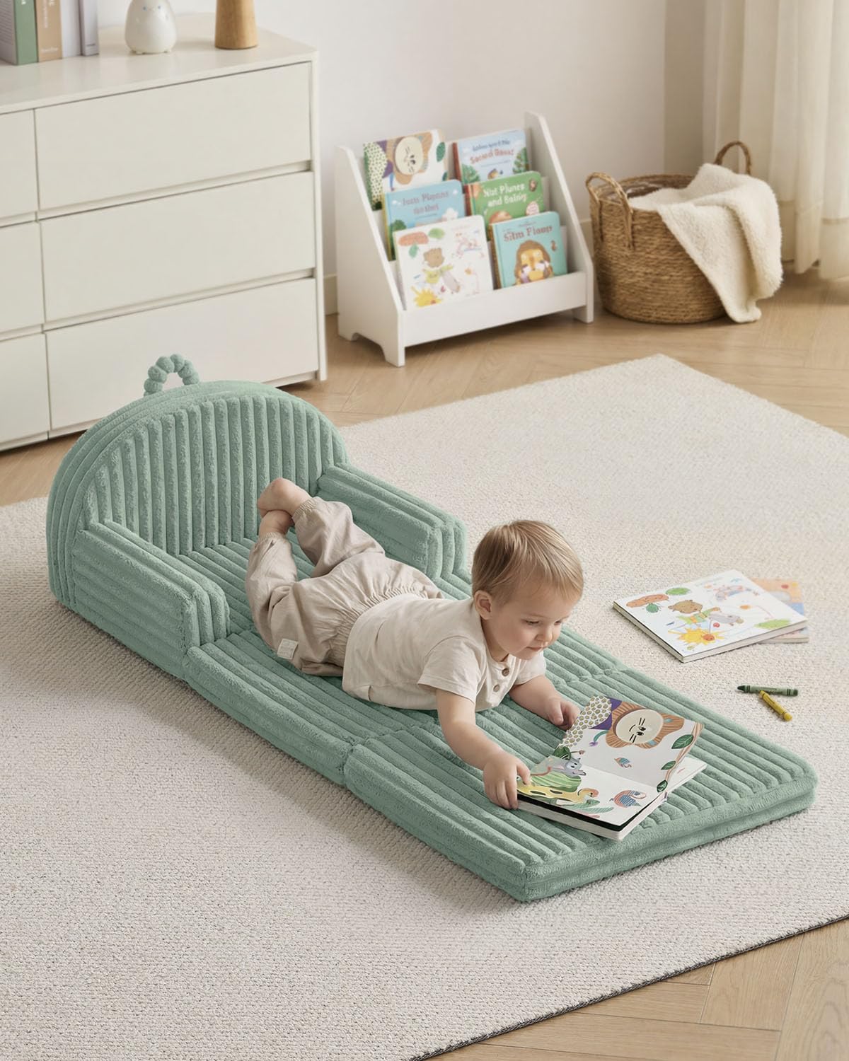 Blissful Diary 2-in-1 toddler couch doubles as a lounger for reading.