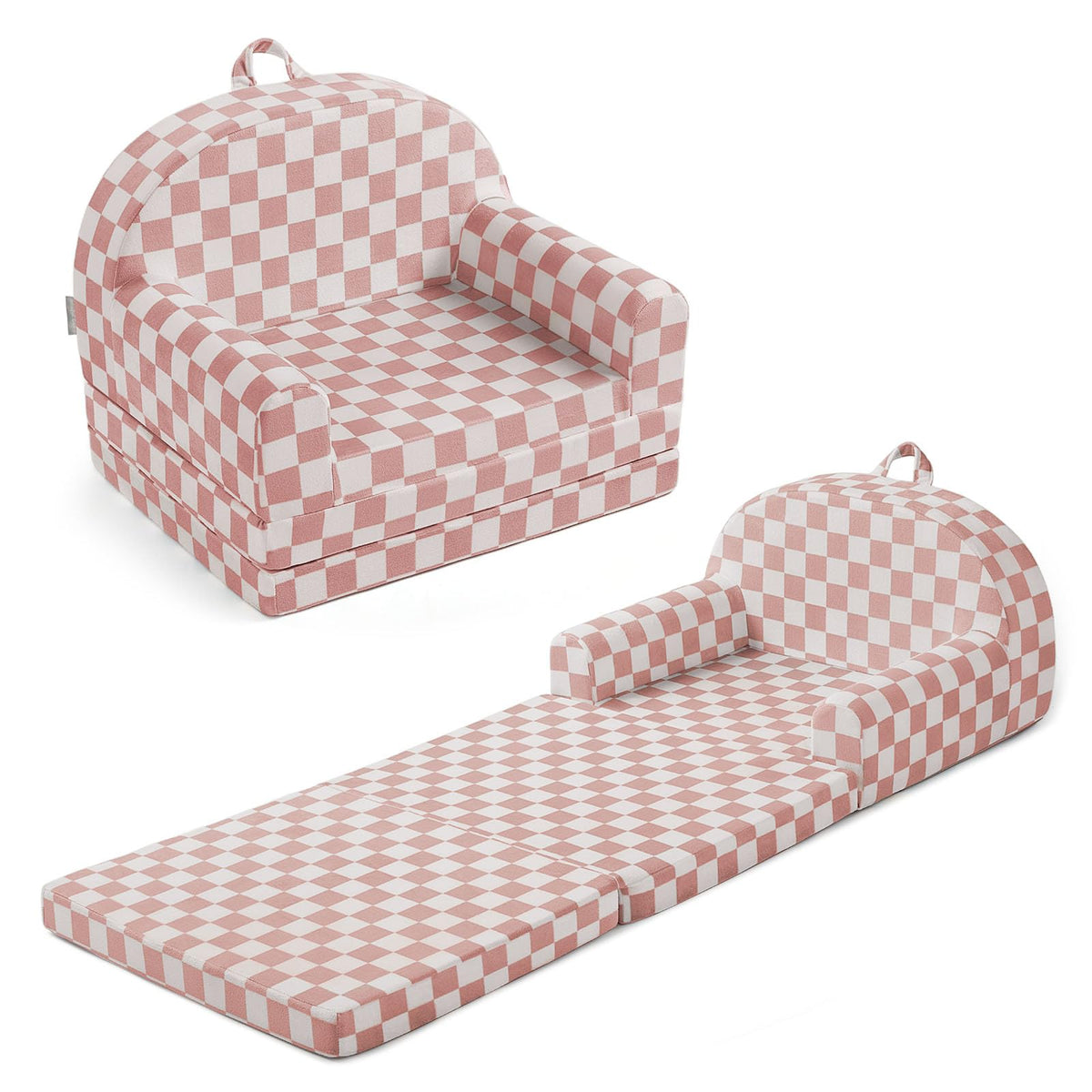 Blissful Diary foldable toddler couch blush checkered seat offers cozy seating.