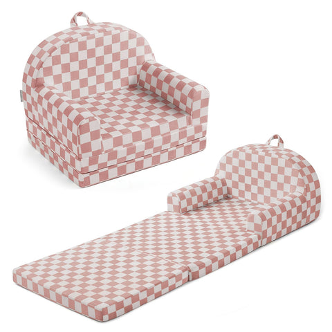 Blissful Diary foldable toddler couch blush checkered seat offers cozy seating.