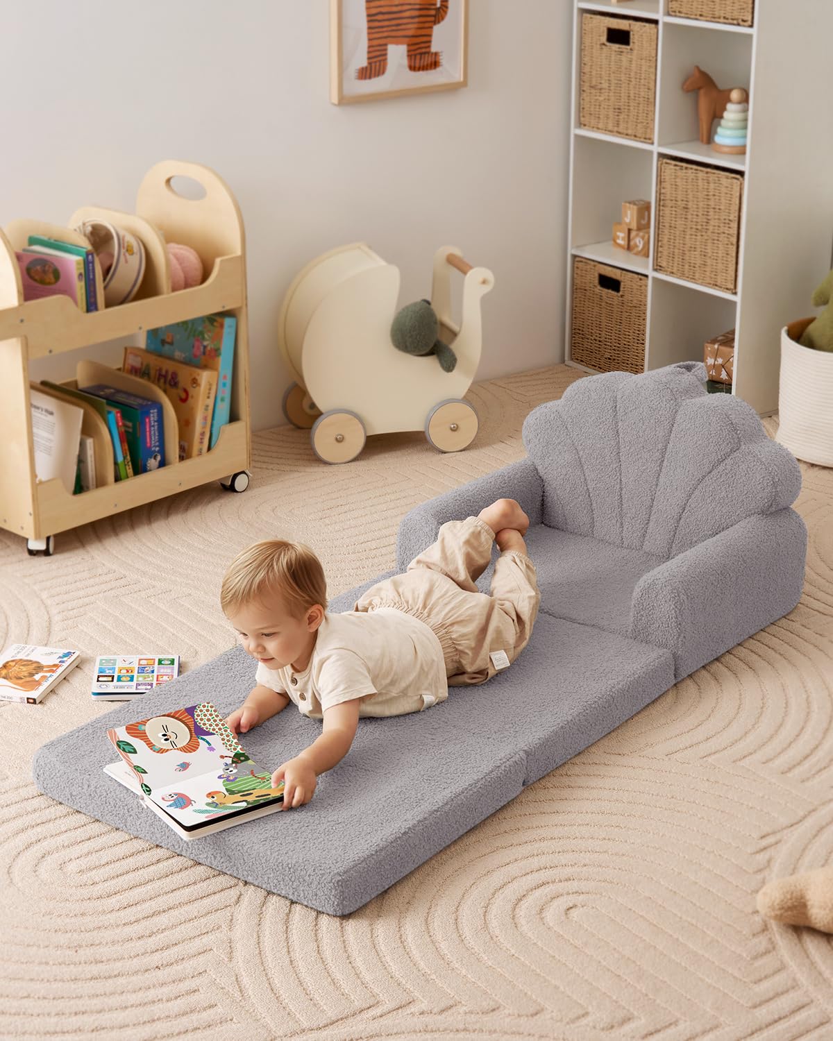 Blissful Diary foldable toddler couch, shell side view, sturdy support for stories