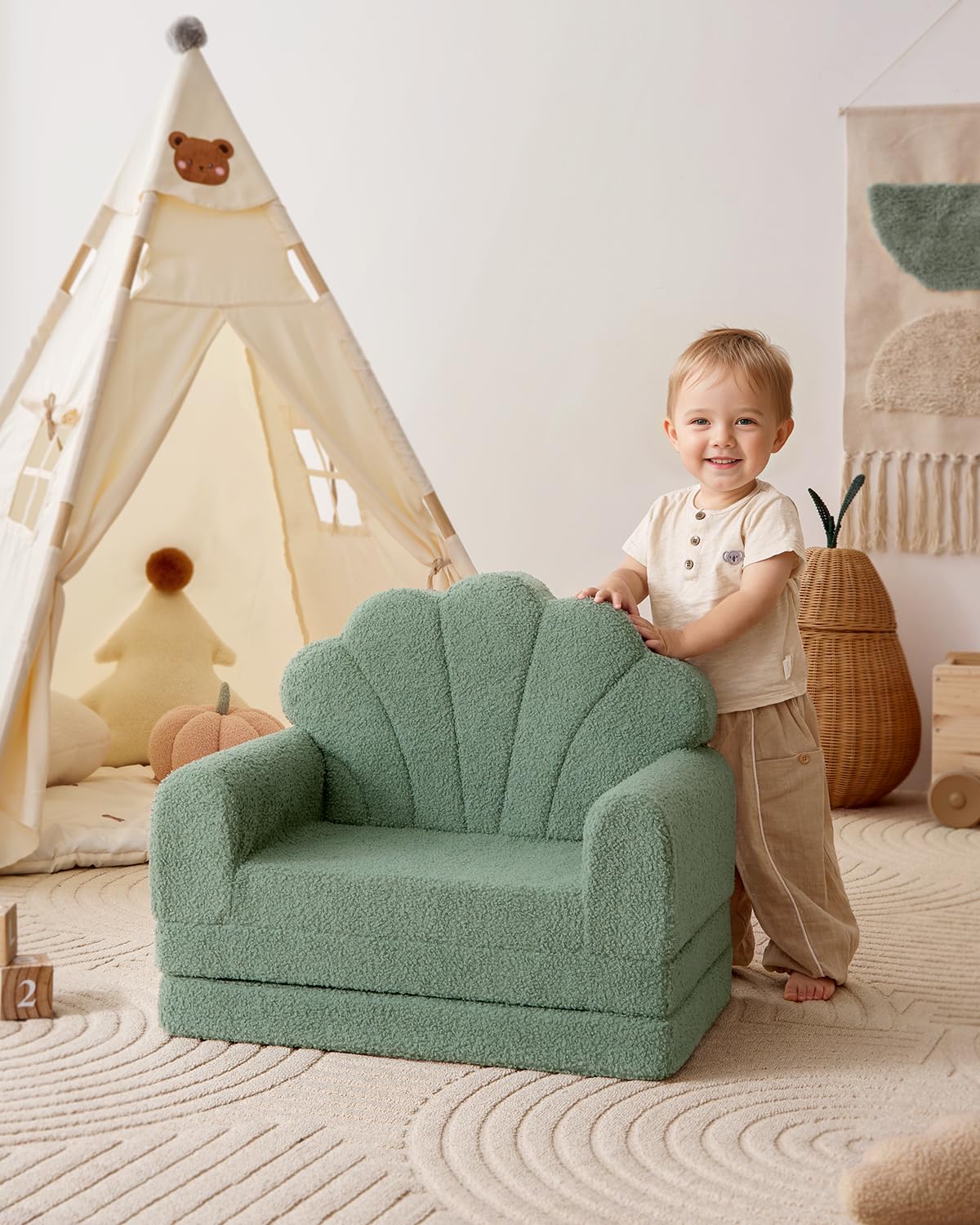 Blissful Diary fold-out kids couch transforming into a cozy lounger for resting.