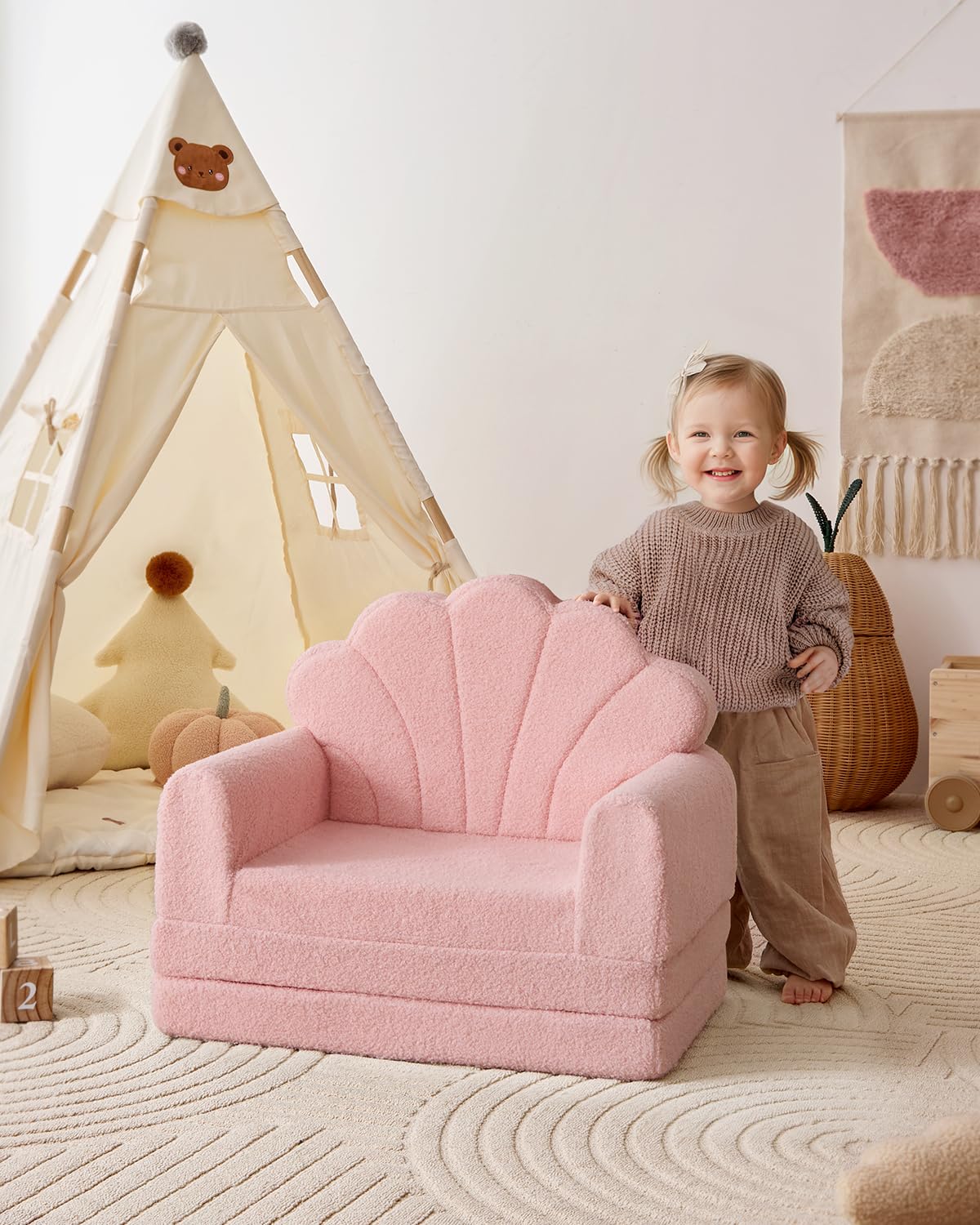Blissful Diary Kids Couch pink shell fold-out in action reveals 2-in-1 sofa and lounger