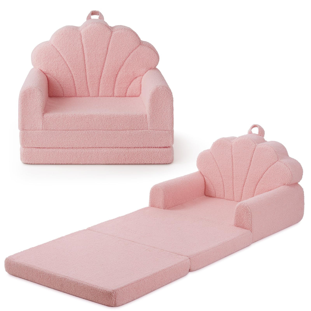 Blissful Diary Kids Couch pink shell front view showing seashell-inspired design for imaginative play