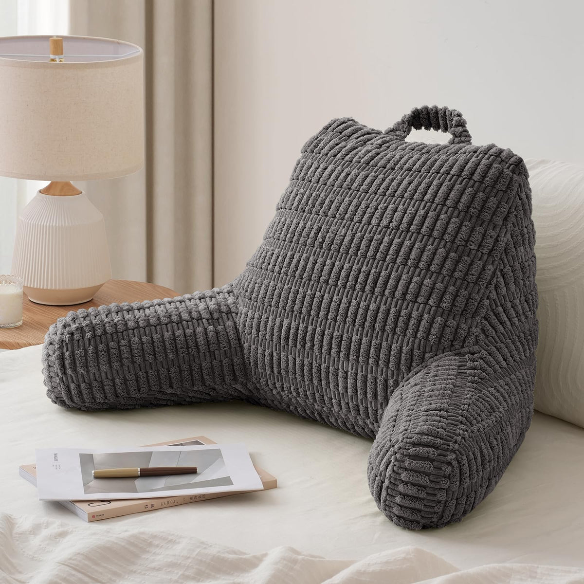 Blissful Diary Reading Pillow arms and pockets provide cozy support for uninterrupted reading.