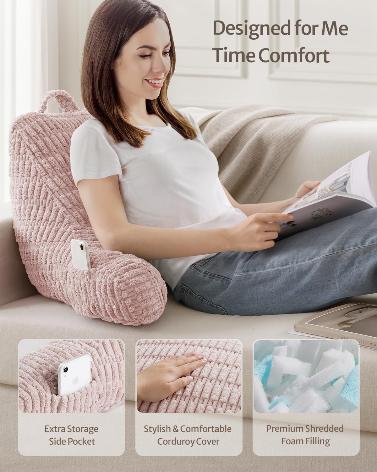 Blissful Diary Reading Pillow backrest with arms supports posture on couch