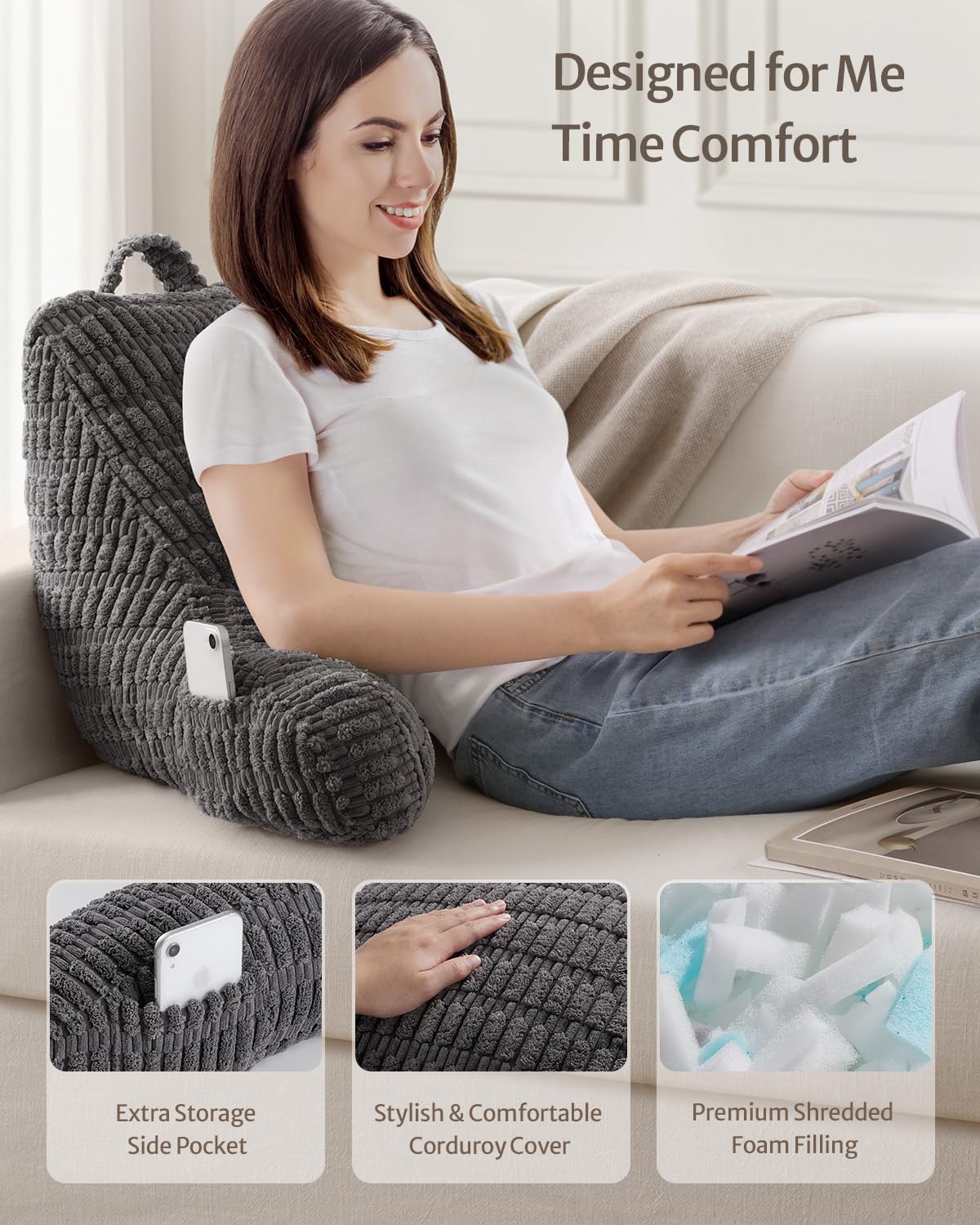 Blissful Diary Reading Pillow backrest offers ergonomic support on the sofa for relaxed TV time.