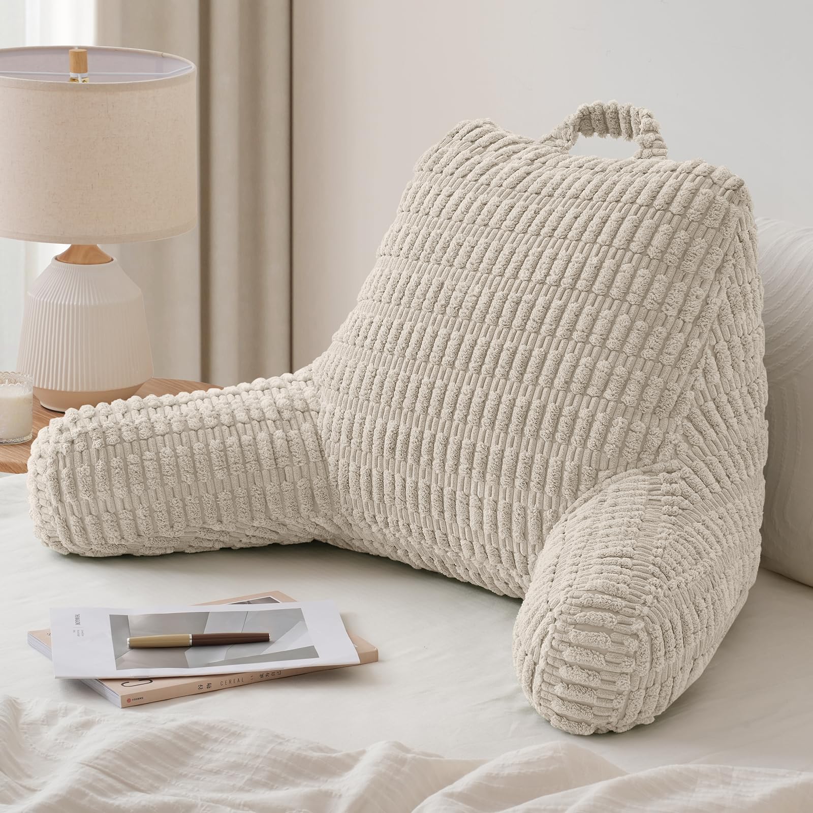 Blissful Diary reading pillow backrest supports posture for comfortable bed reading.