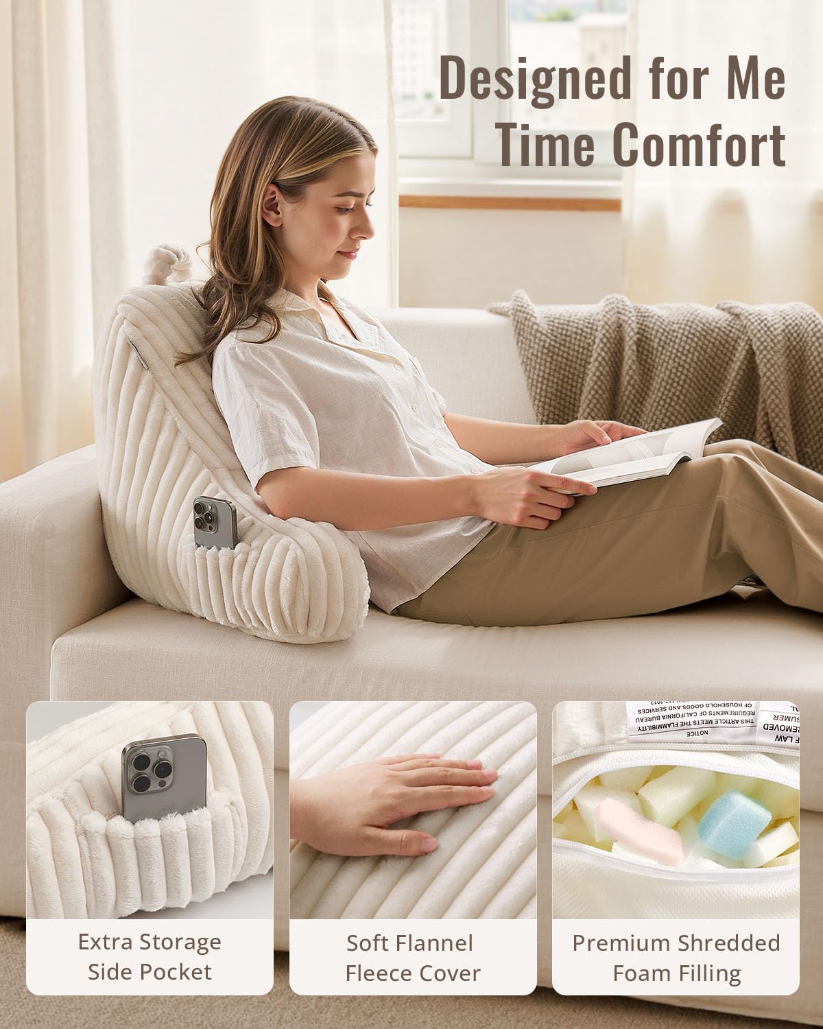 Blissful Diary reading pillow shows side pockets for easy access to essentials.