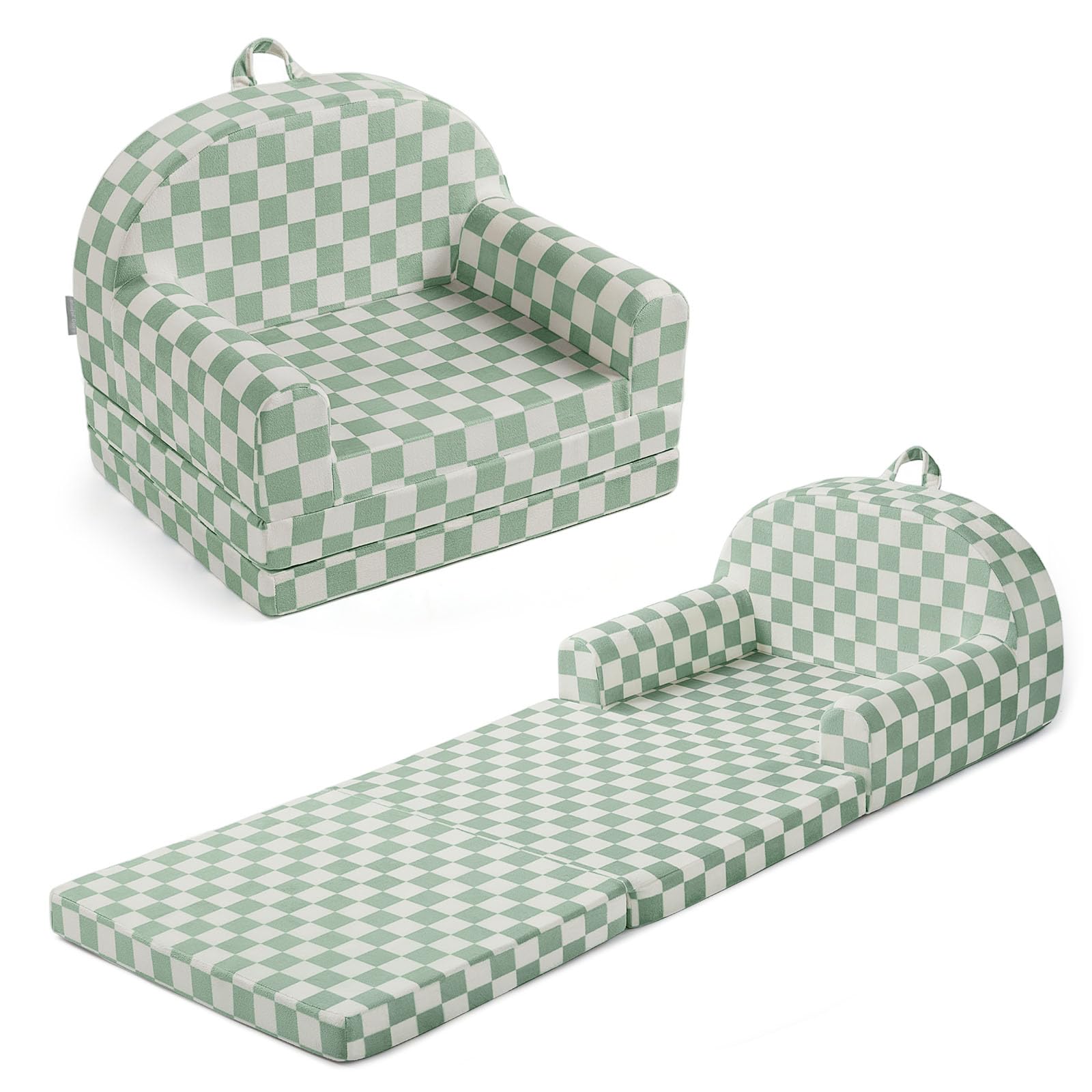 Blissful Diary sage-checkered foldable couch provides a cozy reading corner for toddlers.