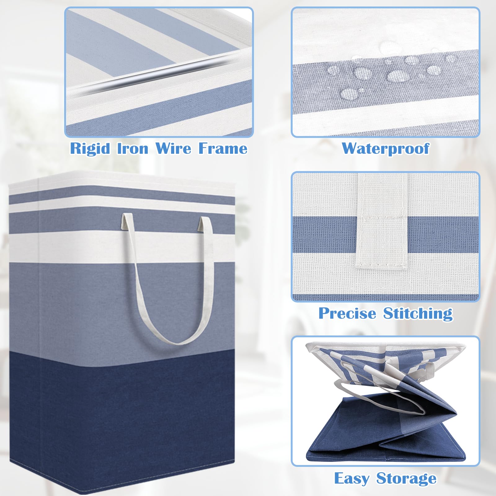 BlissTotes collapsible laundry basket gradient blue with easy-carry handles.