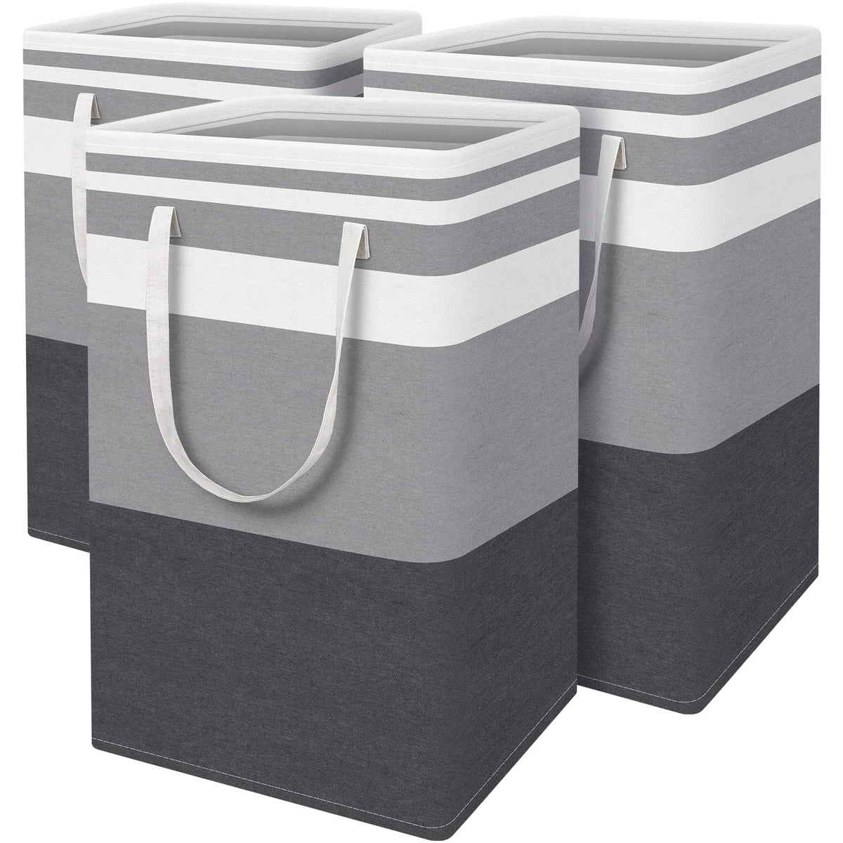 BlissTotes 3-pack laundry baskets, front view, showcasing large storage capacity for clothes.