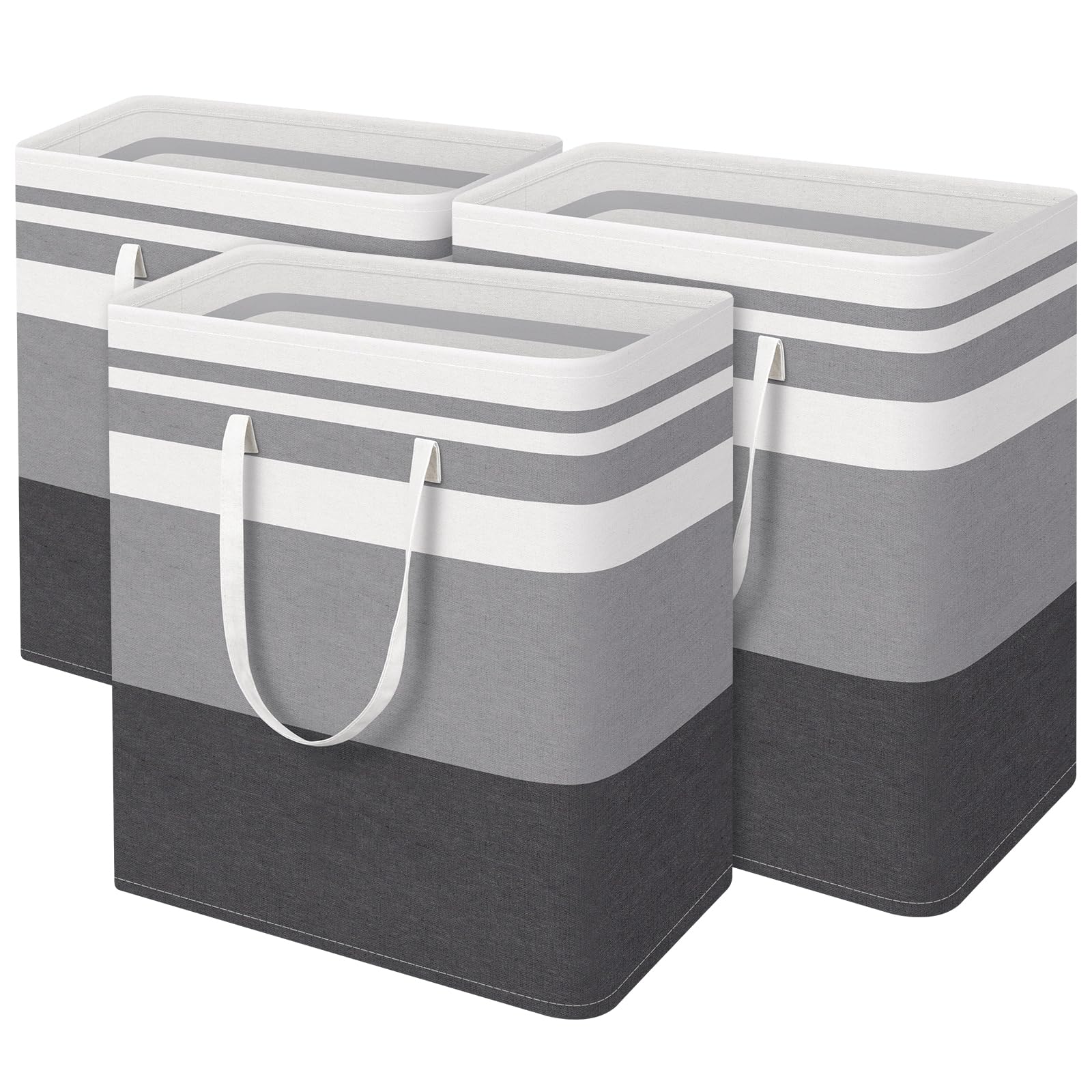 BlissTotes 3-Pack gradient grey laundry basket with freestanding design keeps clothes organized.