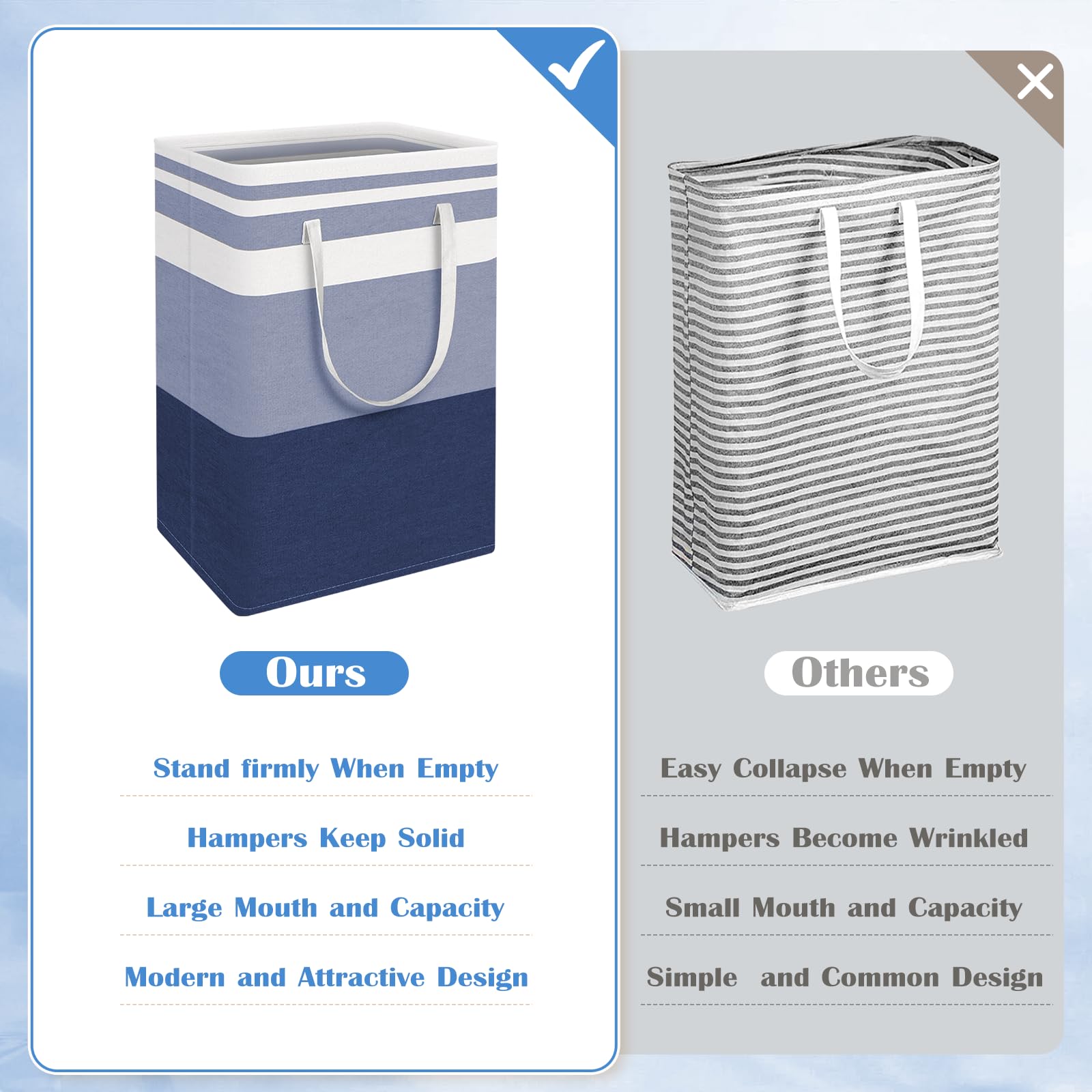BlissTotes 3-pack laundry basket top-open gradient blue shows collapsible feature.