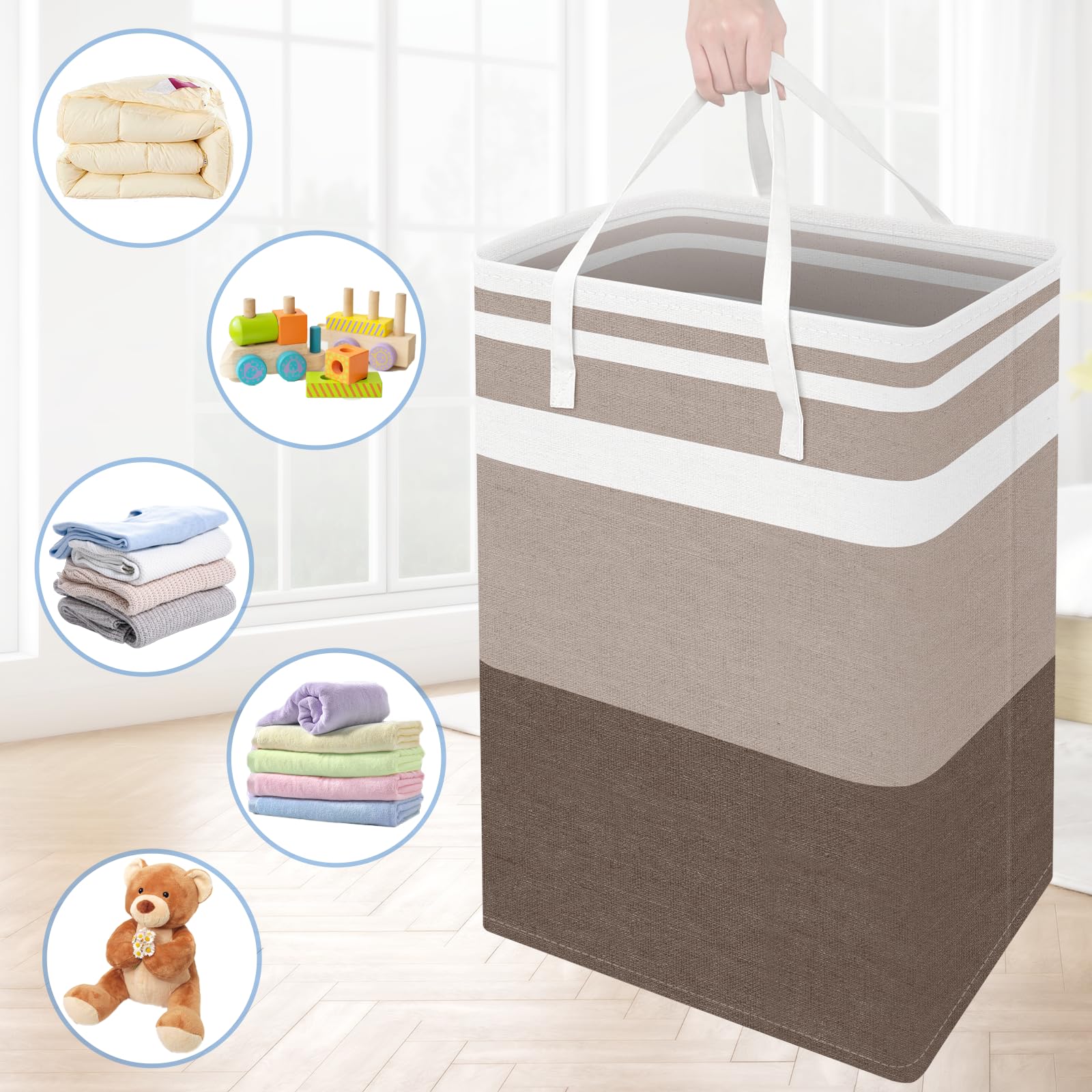 BlissTotes gradient khaki hampers suit dorms and family laundry spaces.
