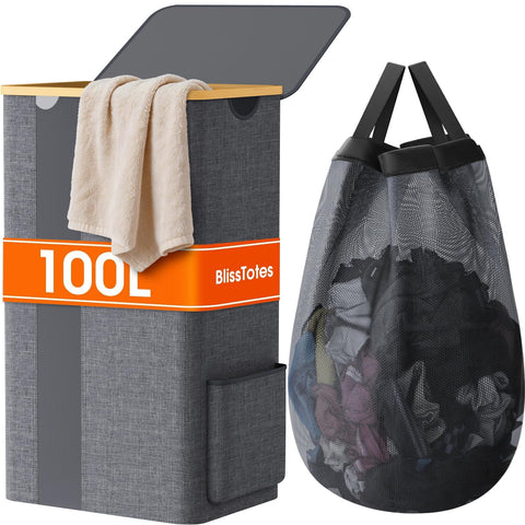 BlissTotes laundry basket with lid demonstrating secure closure and clutter-free storage.