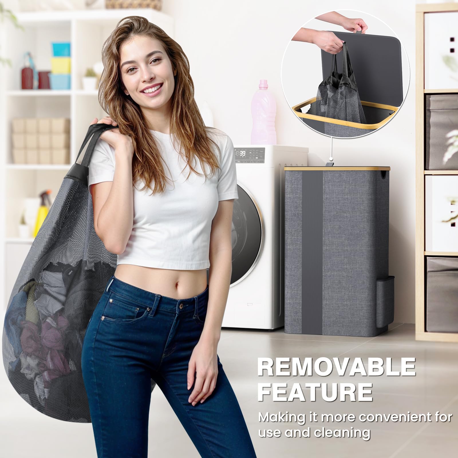 BlissTotes side pocket stores small items like socks or detergent.