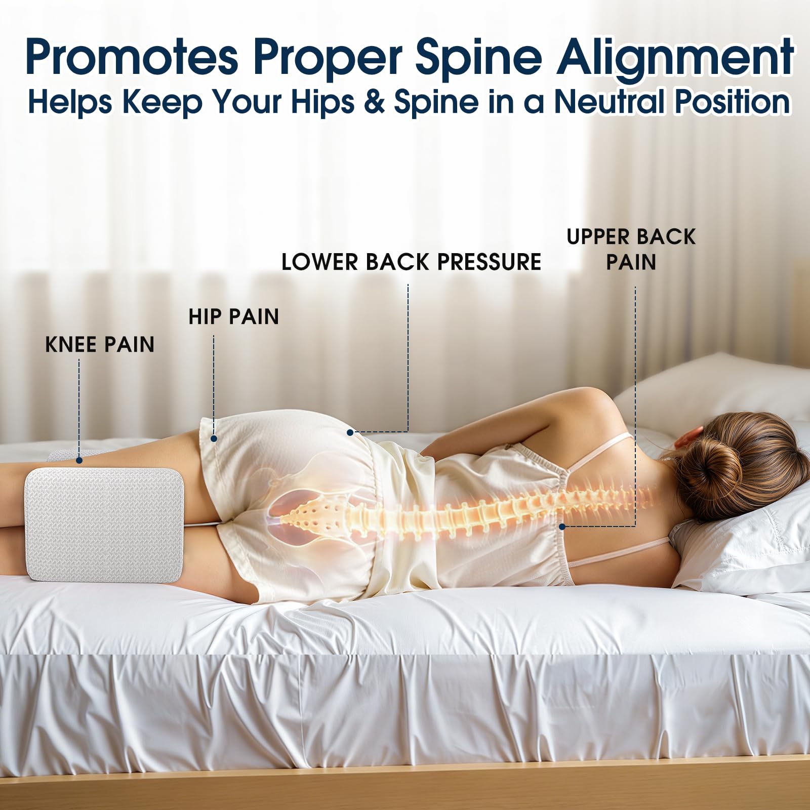 BlissTrends Memory Foam Knee Pillow ergonomic design aligns spine and hips during rest.