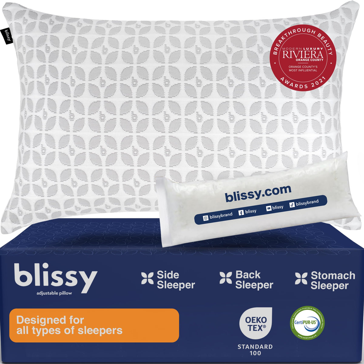 BLISSY adjustable memory foam pillow with customizable loft for side sleepers.