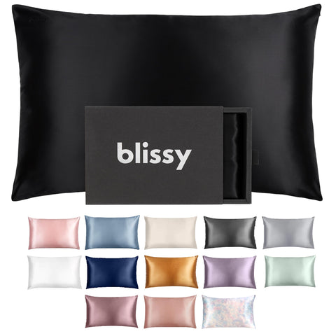 BLISSY silk pillowcase close-up shows luxurious mulberry silk texture for smoother hair.