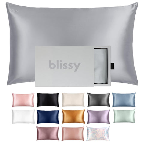 Blissy silk pillowcase close-up shows smooth 22 Momme fabric.