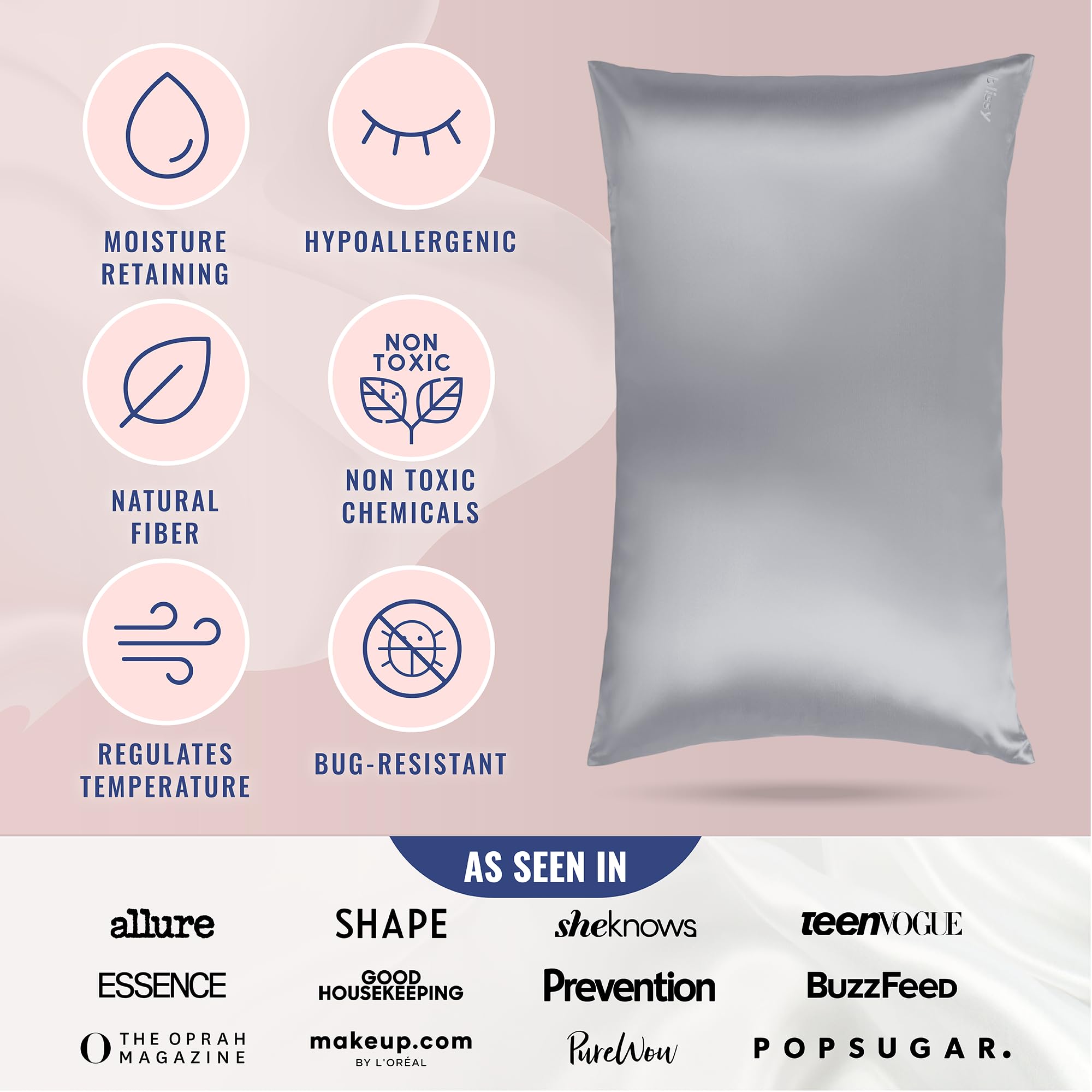 BLISSY Silk Pillowcase 6A fibers close-up underscores premium durability.