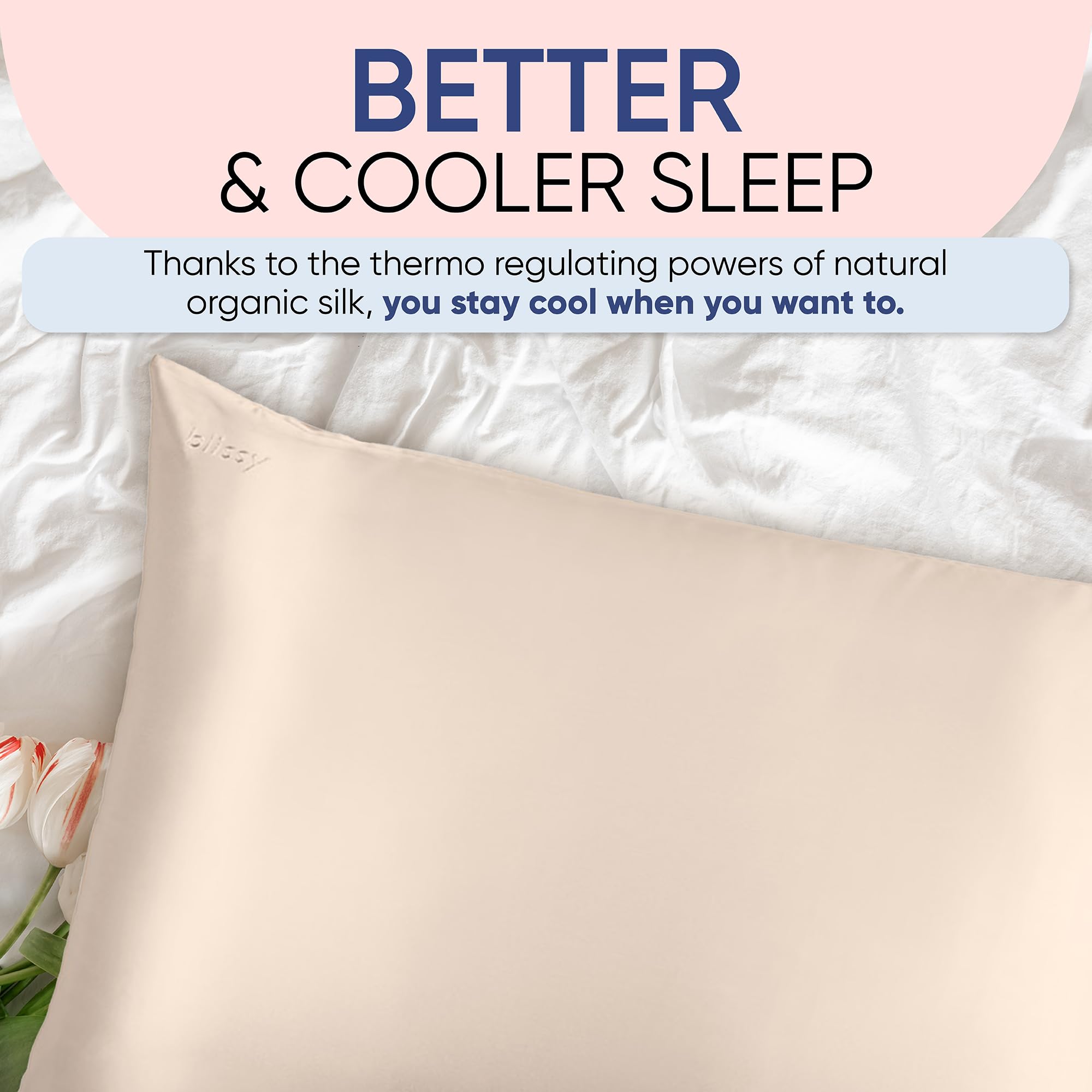 Blissy silk pillowcase bedroom scene showcases premium sleep accessory