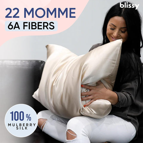 Blissy silk pillowcase champagne queen surface shows premium weave for long-lasting softness