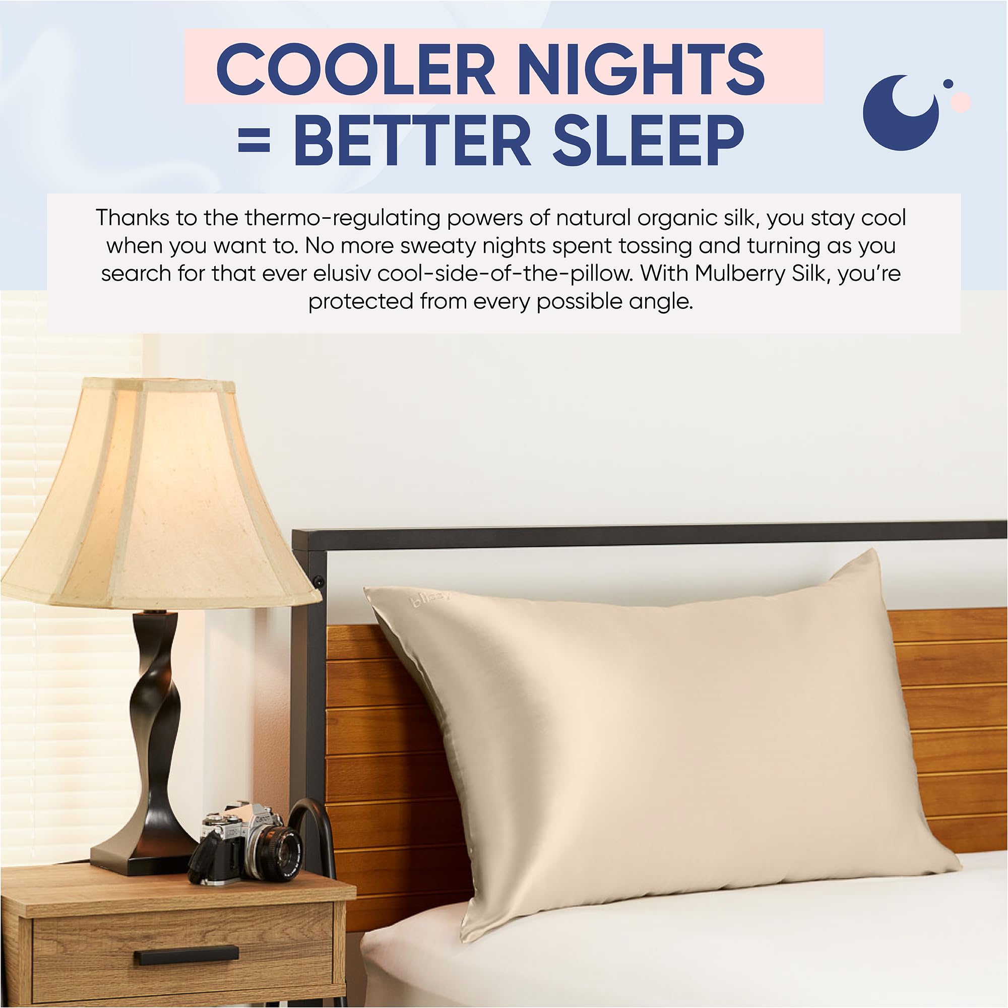 Blissy silk pillowcase cooling night closeup indicates temperature regulation advantages