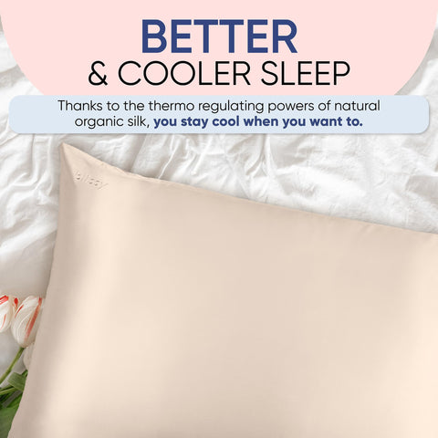 Blissy silk pillowcase glow-morning image hints waking refreshed skin and easier routine.