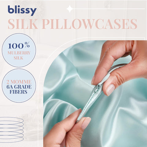 Blissy silk pillowcase close-up emphasizes hair care and reduced tangles