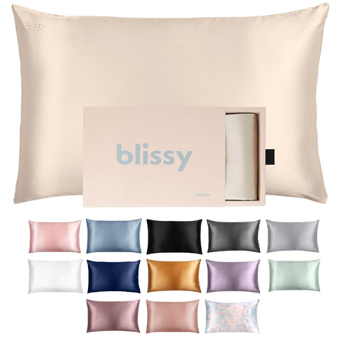 Blissy silk pillowcase king champagne closeup shows luxurious texture reducing hair friction.