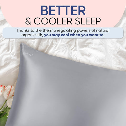 BLISSY Silk Pillowcase king-size silver laid out for premium sleep luxury.