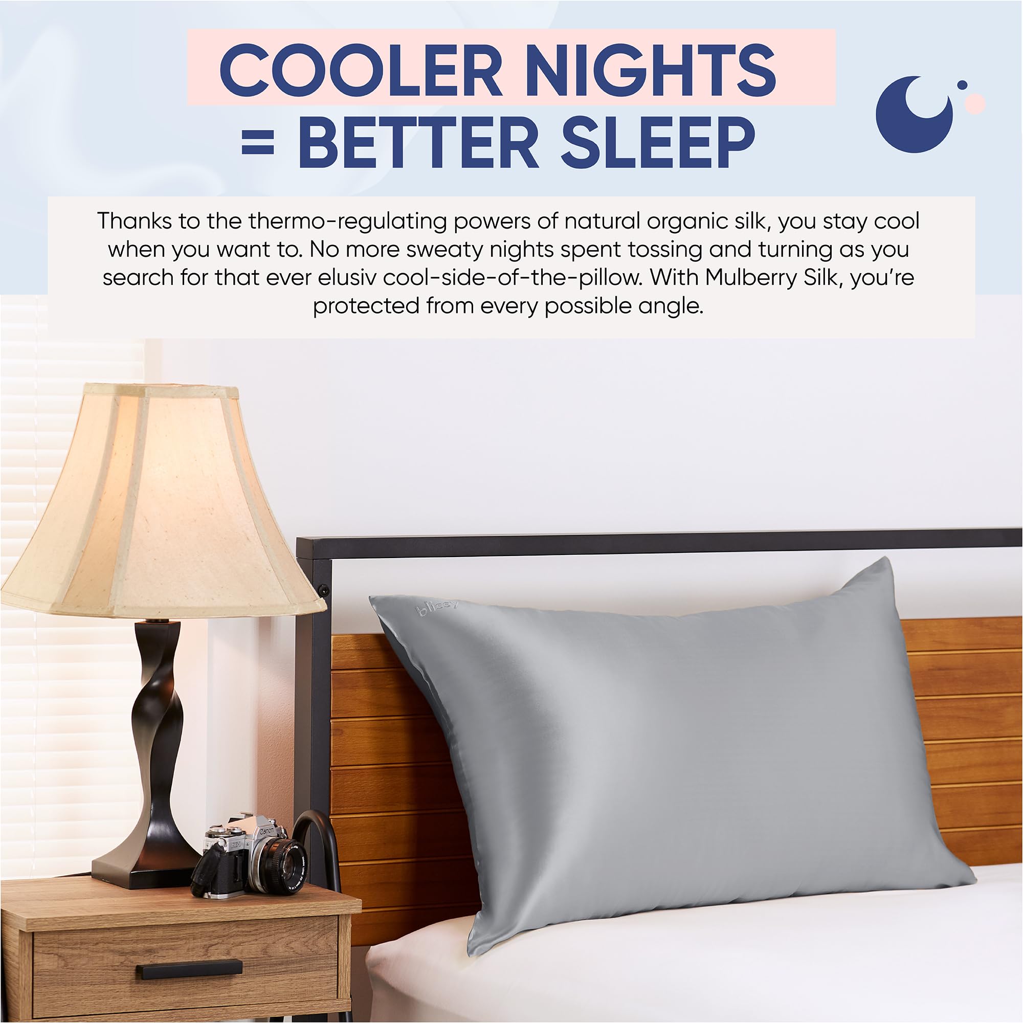 BLISSY Silk Pillowcase queen-size silver on bed setup illustrates size fit.