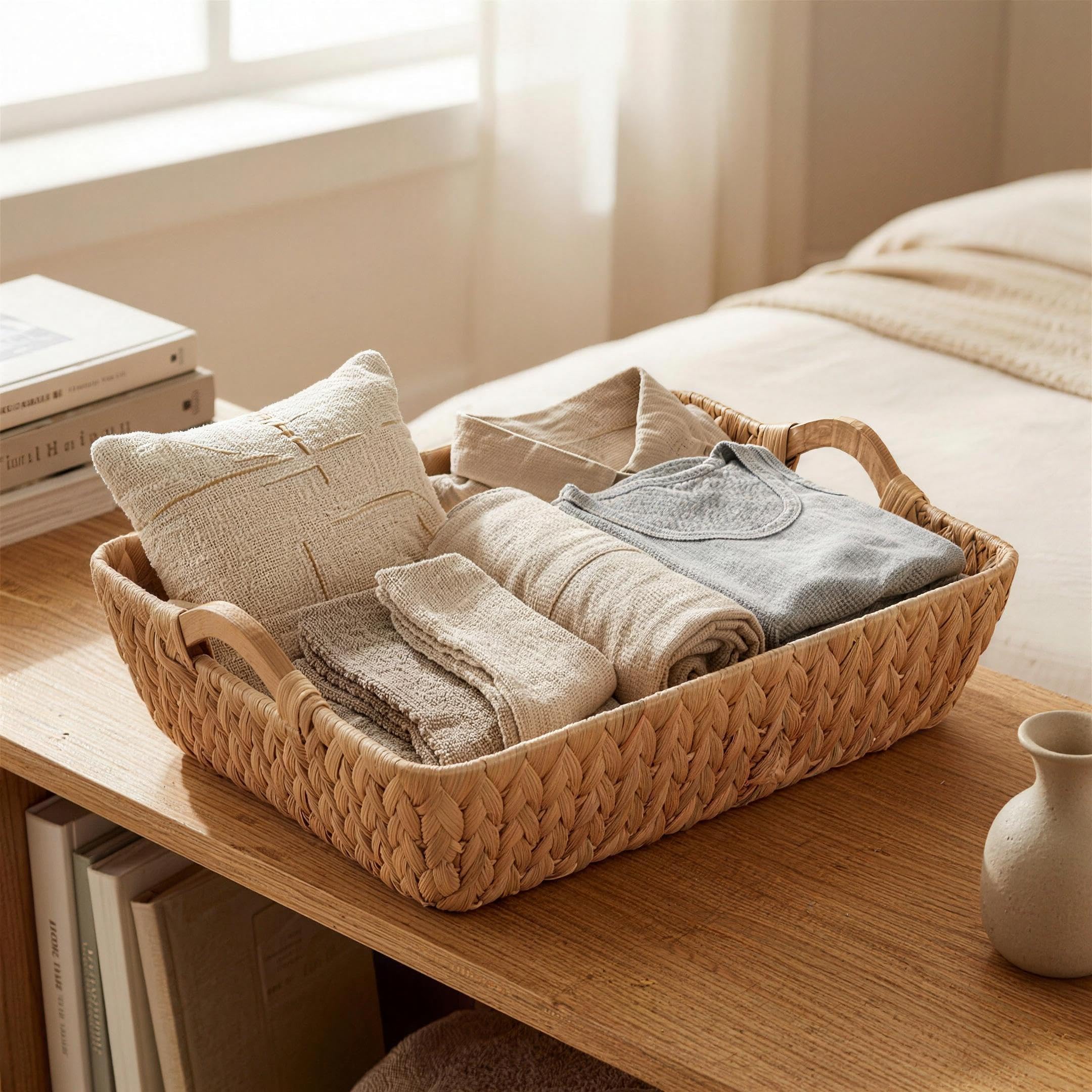 Bloby Water Hyacinth Basket on shelf demonstrates compact footprint for shelves.