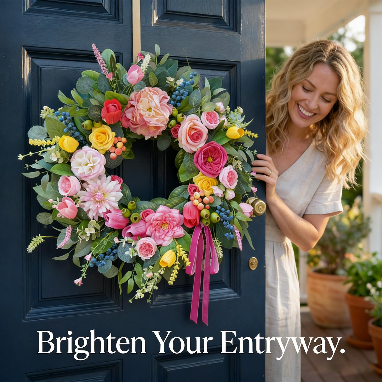 Bloeien gradient pink peonies tulips and roses wreath for vibrant entry