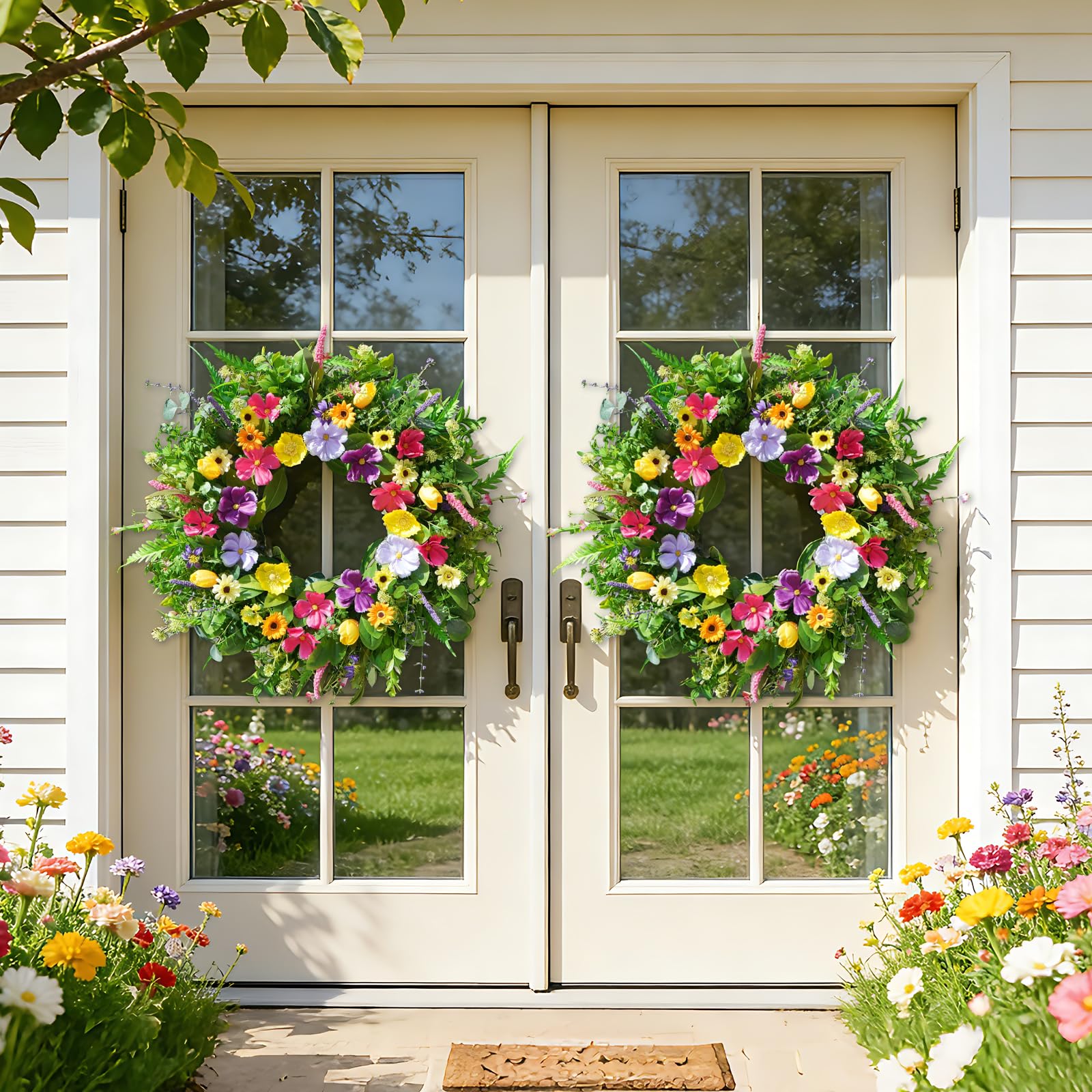 Bloeien entryway wreath enhances mantel or wall with warm, welcoming charm.