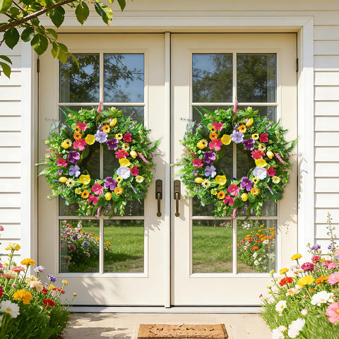 Bloeien entryway wreath enhances mantel or wall with warm, welcoming charm.