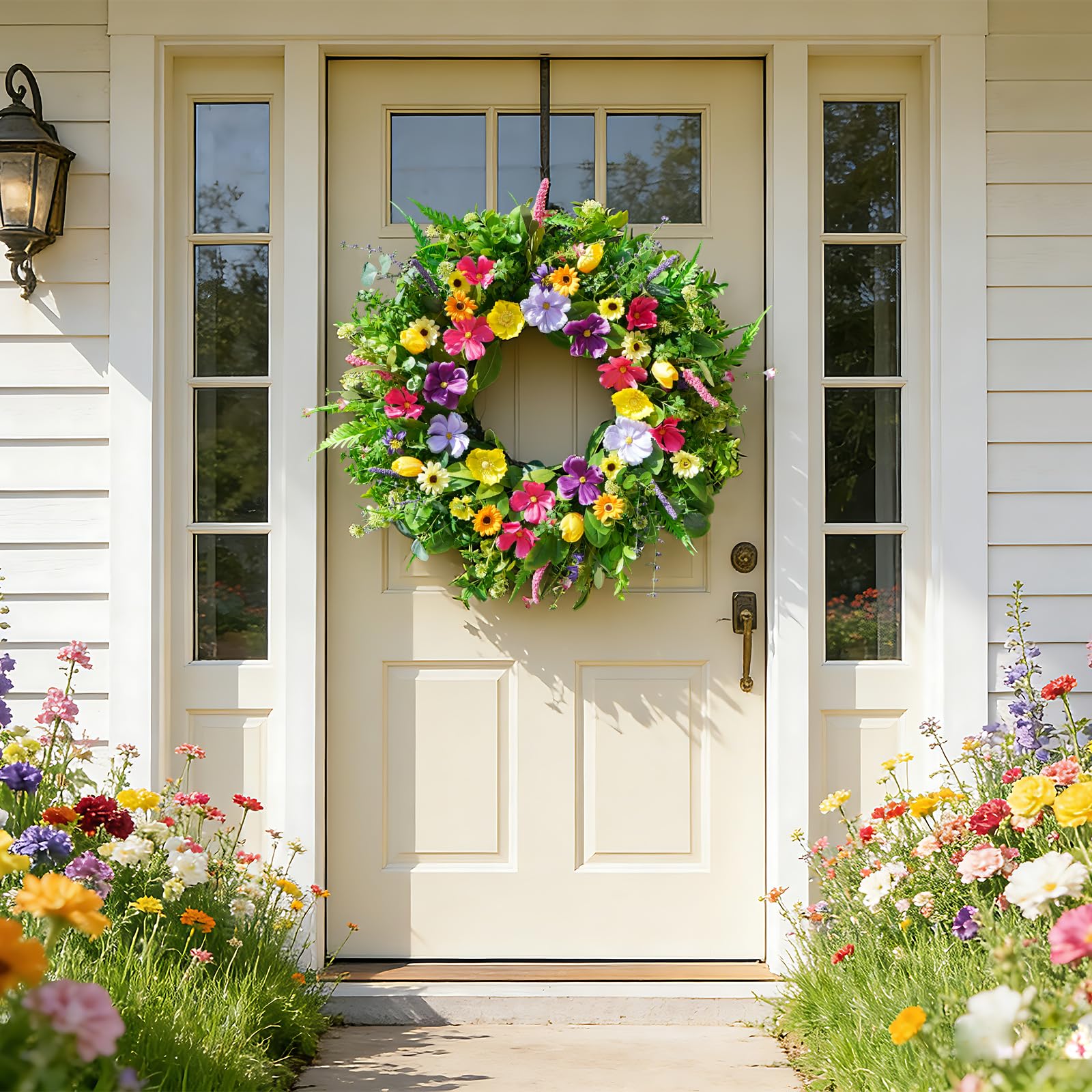 Bloeien front door decor complements farmhouse or modern interiors beautifully.
