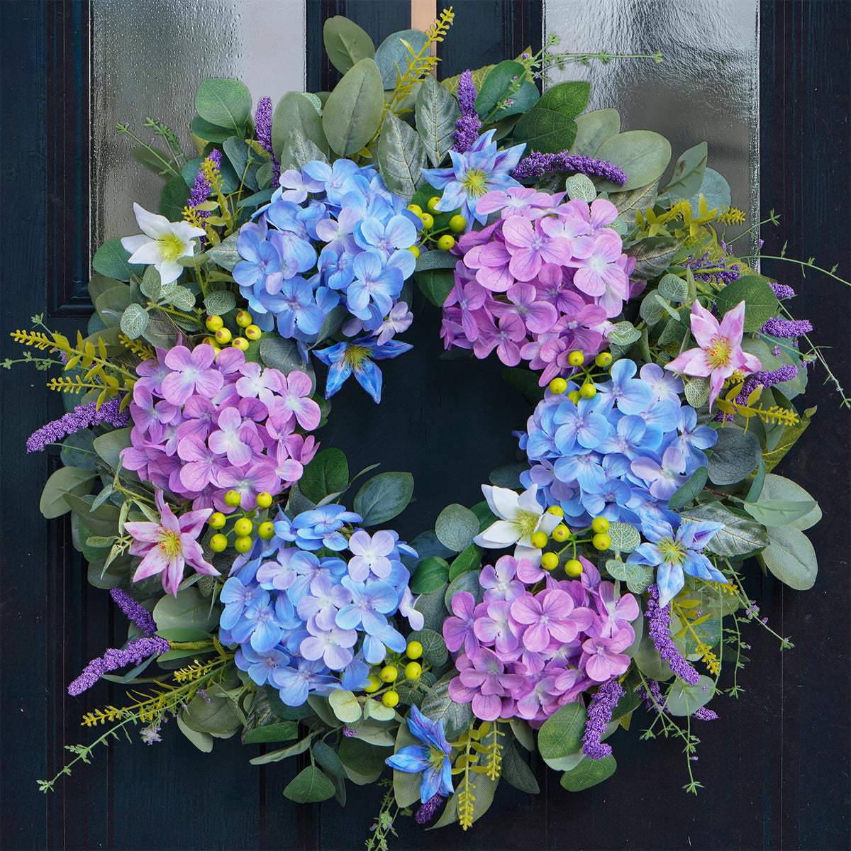 Bloeien front door wreath with blue and purple hydrangea for seasonal curb appeal