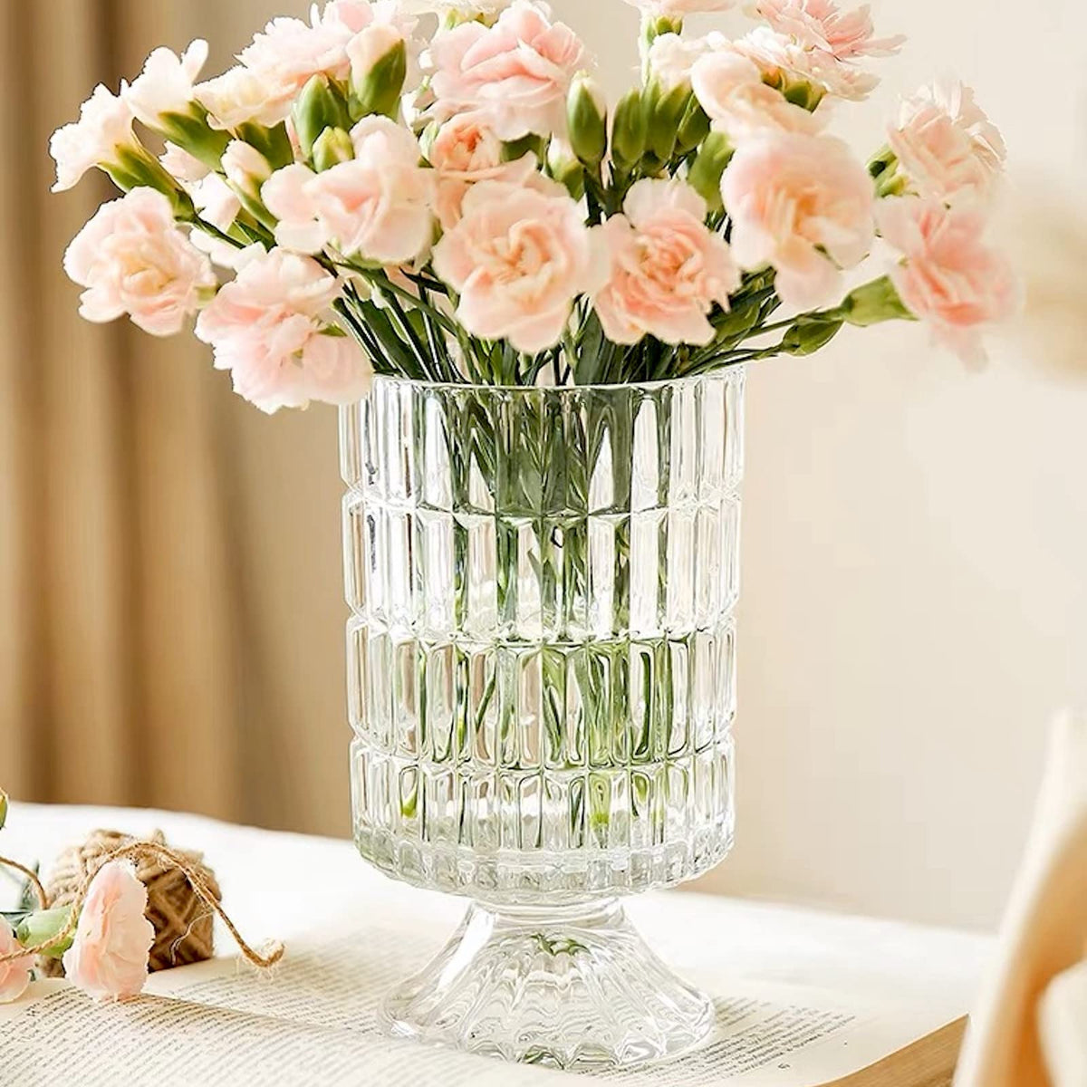 BLOFLO STU embossed glass vase 7inch highlights shimmering clarity for hydroponic or cut flowers.