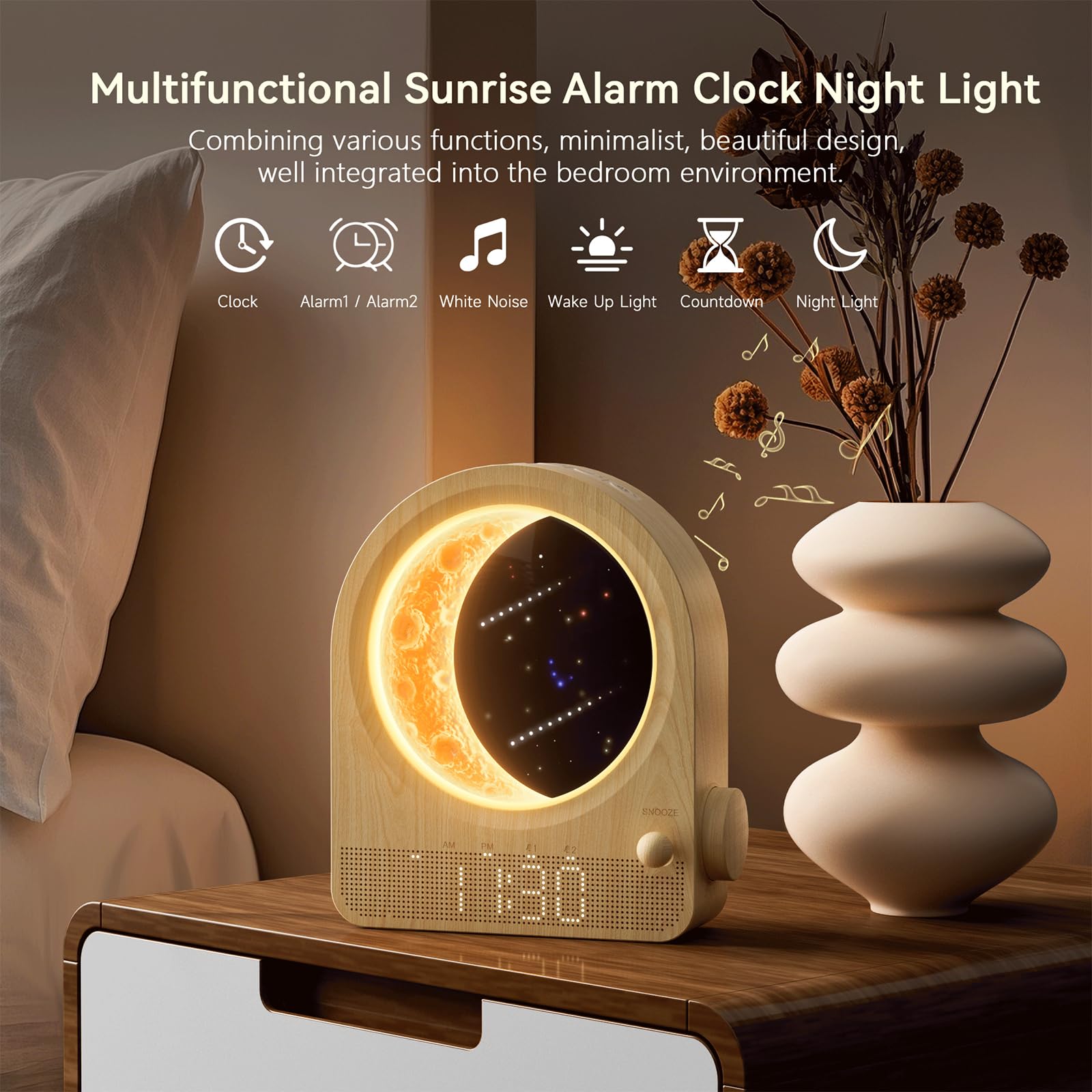 blonbar Sunrise Alarm Clock 12-volume control for personalized wakeups.