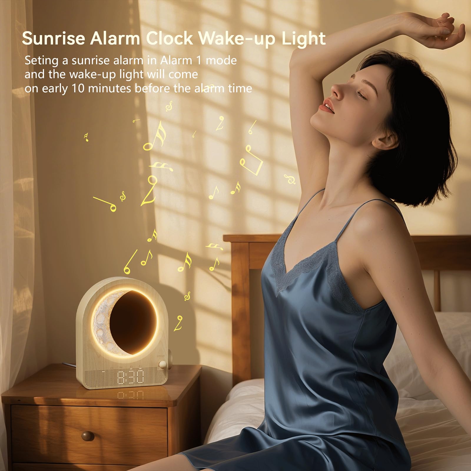 blonbar Sunrise Alarm Clock bedside with stepless moon lamp dimming.