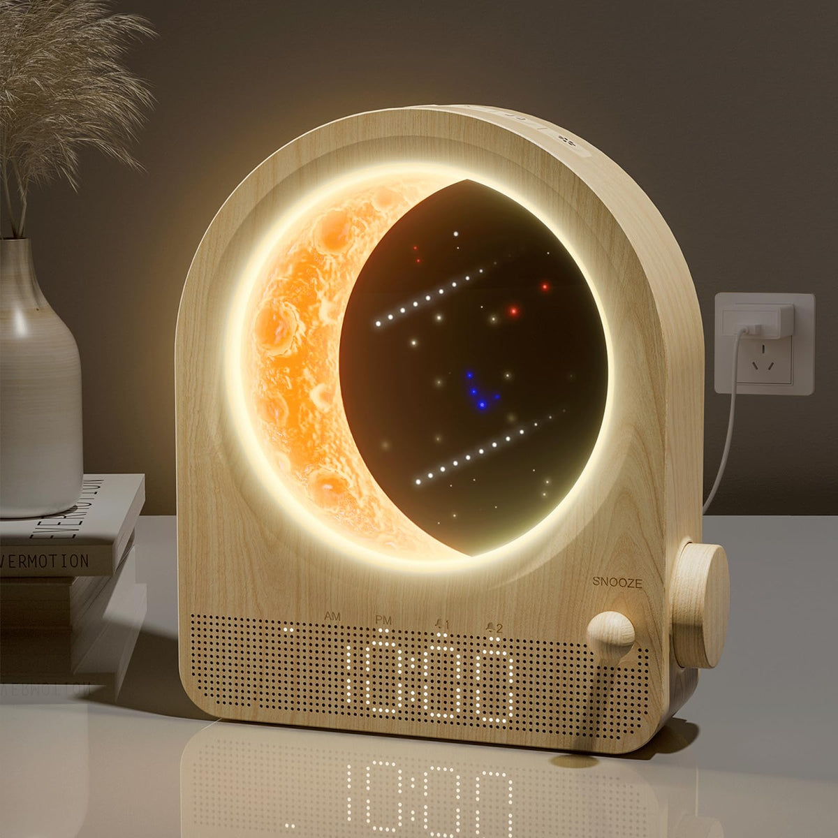 blonbar Sunrise Alarm Clock front view with moon lamp, gentle dawn.