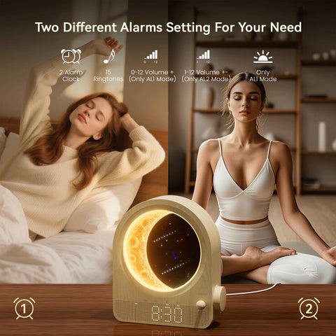 blonbar Sunrise Alarm Clock twinkling meteor lights create a dreamy bedroom.