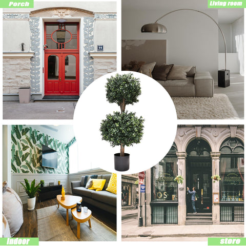 BLONYUVC boxwood double-ball topiary porch setup shows elegant outdoor framing.